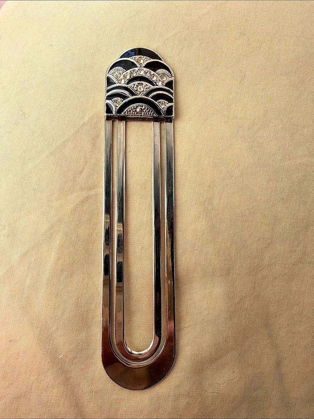 Vintage Crown Trifari Art Deco Metal Page Clip Bookmark Black Enamel Rhinestone